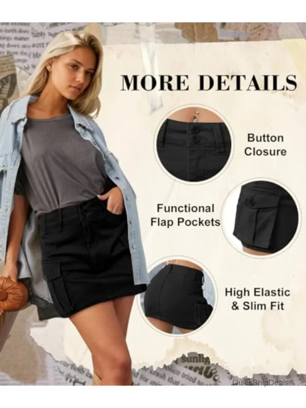 Vintage Y2K High Stretch Cargo Denim Mini Skirt with Flap Pockets